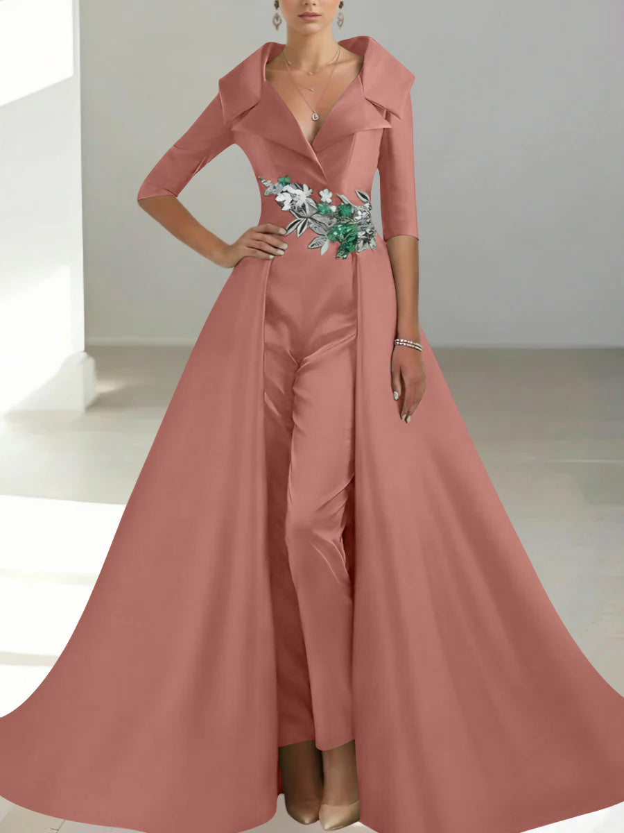 A Line Princess Shirt Collar Satin Mother Of The Bride Jumpsuit Overskirt Floral Sequins Pocket Half Sleeves Floor Length