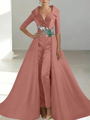A Line Princess Shirt Collar Satin Mother Of The Bride Jumpsuit Overskirt Floral Sequins Pocket Half Sleeves Floor Length