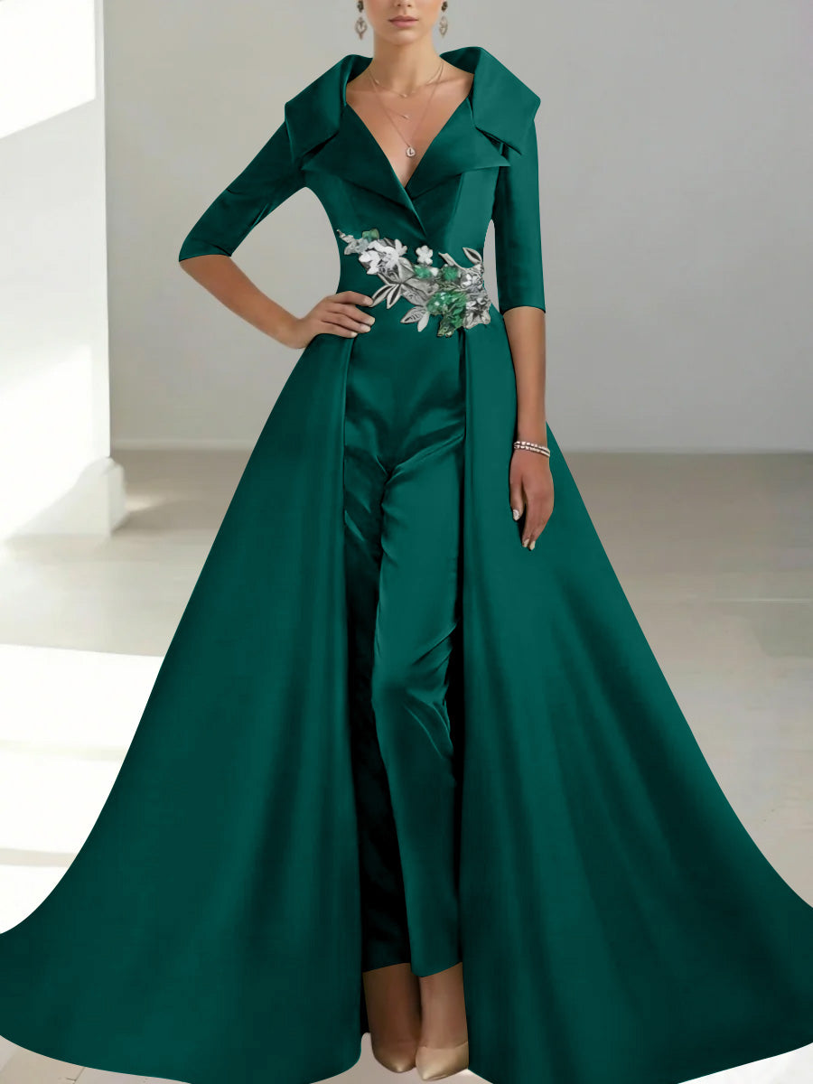 A Line Princess Shirt Collar Satin Mother Of The Bride Jumpsuit Overskirt Floral Sequins Pocket Half Sleeves Floor Length