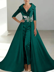 A Line Princess Shirt Collar Satin Mother Of The Bride Jumpsuit Overskirt Floral Sequins Pocket Half Sleeves Floor Length