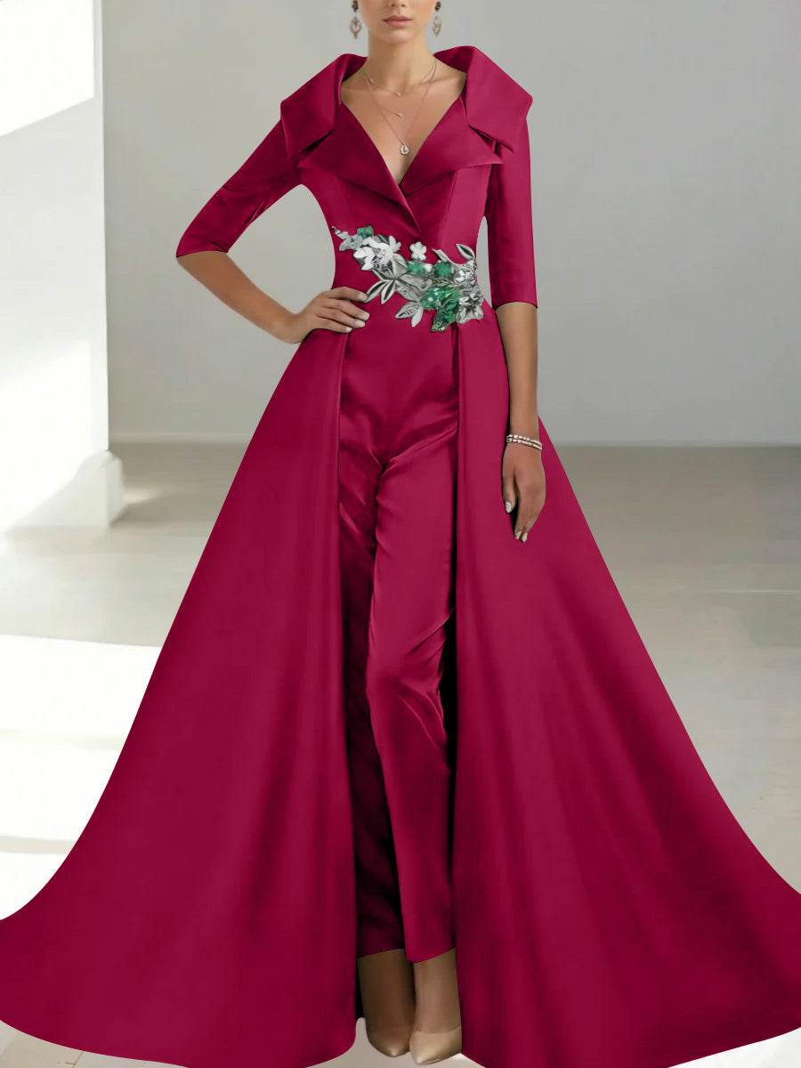 A Line Princess Shirt Collar Satin Mother Of The Bride Jumpsuit Overskirt Floral Sequins Pocket Half Sleeves Floor Length