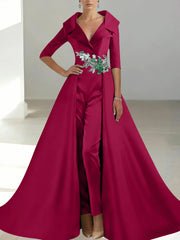 A-Line/Princess Shirt Collar Satin Mother of the Bride Jumpsuit Overskirt Floral Sequins Pocket Half Sleeves Floor-Length