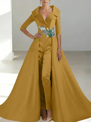 A Line Princess Shirt Collar Satin Mother Of The Bride Jumpsuit Overskirt Floral Sequins Pocket Half Sleeves Floor Length