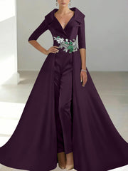 A Line Princess Shirt Collar Satin Mother Of The Bride Jumpsuit Overskirt Floral Sequins Pocket Half Sleeves Floor Length