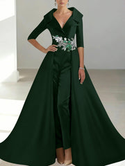 A Line Princess Shirt Collar Satin Mother Of The Bride Jumpsuit Overskirt Floral Sequins Pocket Half Sleeves Floor Length