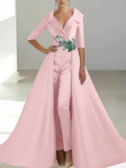 A Line Princess Shirt Collar Satin Mother Of The Bride Jumpsuit Overskirt Floral Sequins Pocket Half Sleeves Floor Length