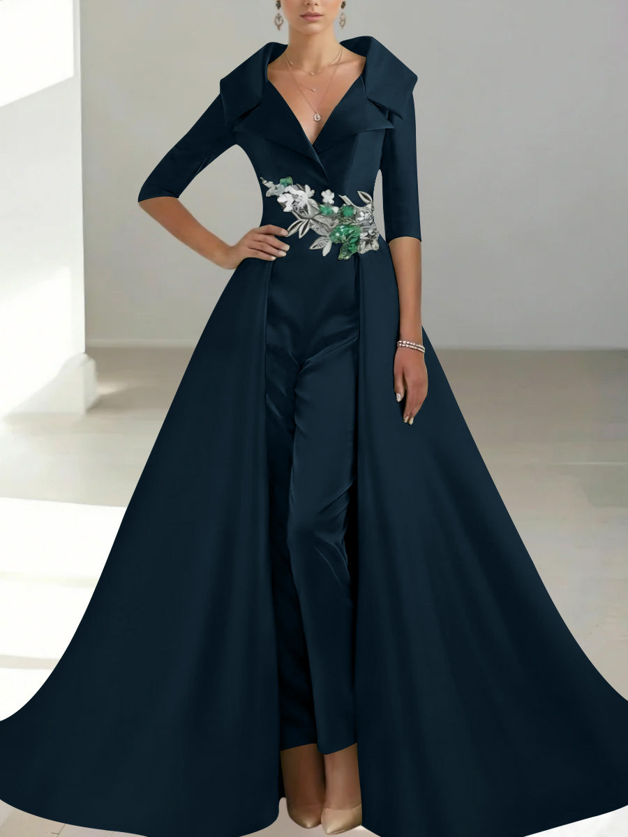 A Line Princess Shirt Collar Satin Mother Of The Bride Jumpsuit Overskirt Floral Sequins Pocket Half Sleeves Floor Length