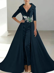 A-Line/Princess Shirt Collar Satin Mother of the Bride Jumpsuit Overskirt Floral Sequins Pocket Half Sleeves Floor-Length
