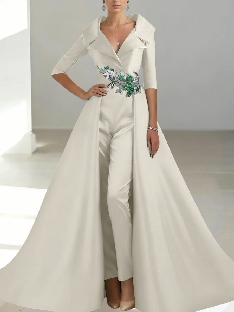 A Line Princess Shirt Collar Satin Mother Of The Bride Jumpsuit Overskirt Floral Sequins Pocket Half Sleeves Floor Length