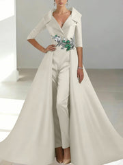 A Line Princess Shirt Collar Satin Mother Of The Bride Jumpsuit Overskirt Floral Sequins Pocket Half Sleeves Floor Length