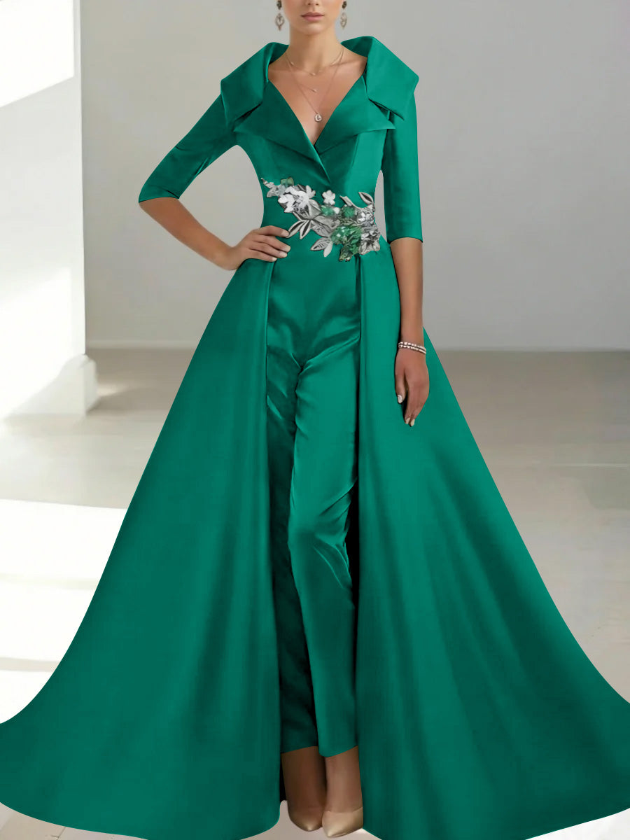 A Line Princess Shirt Collar Satin Mother Of The Bride Jumpsuit Overskirt Floral Sequins Pocket Half Sleeves Floor Length