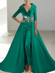 A-Line/Princess Shirt Collar Satin Mother of the Bride Jumpsuit Overskirt Floral Sequins Pocket Half Sleeves Floor-Length