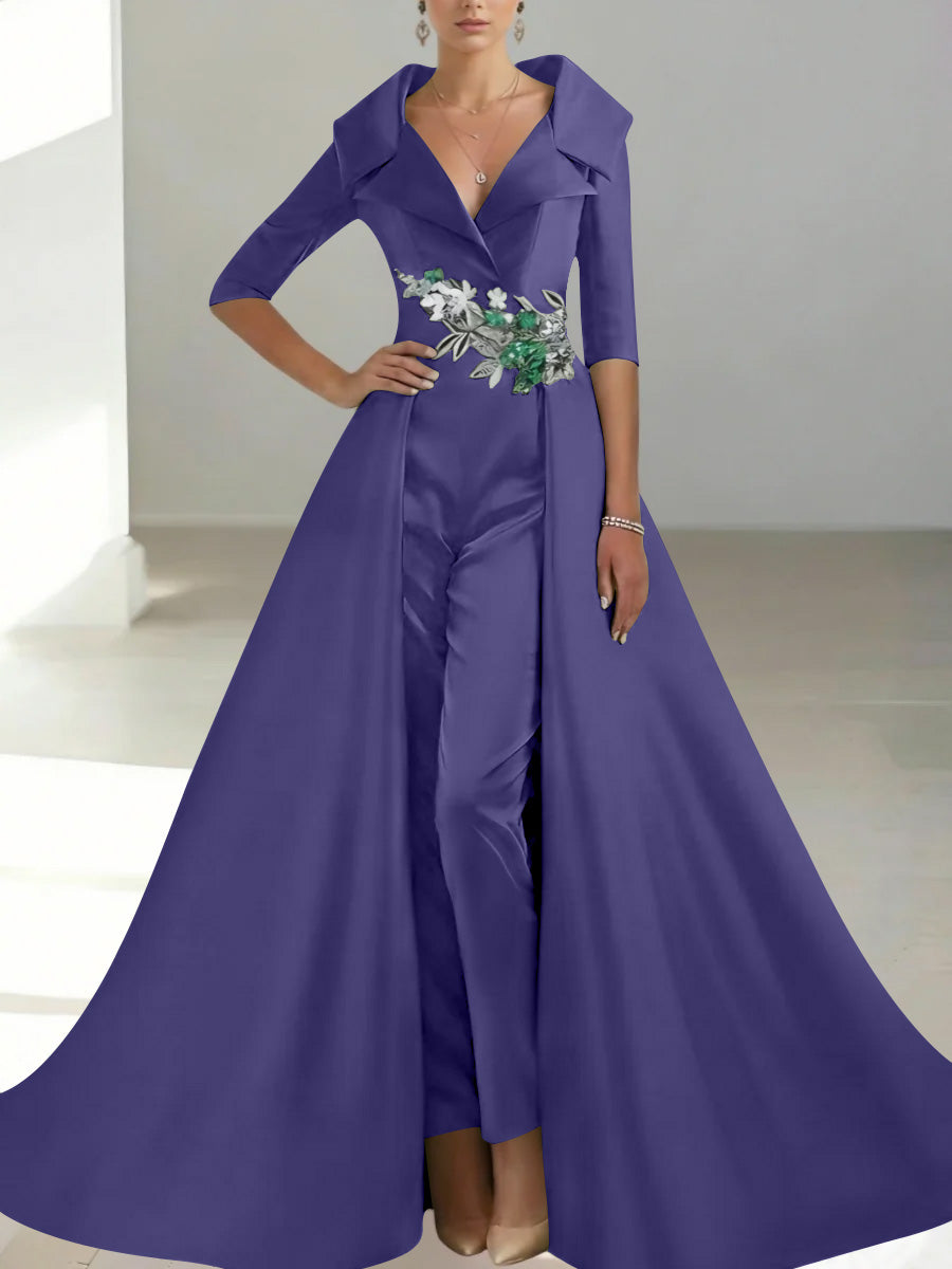 A Line Princess Shirt Collar Satin Mother Of The Bride Jumpsuit Overskirt Floral Sequins Pocket Half Sleeves Floor Length