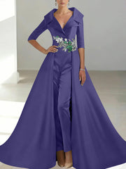 A Line Princess Shirt Collar Satin Mother Of The Bride Jumpsuit Overskirt Floral Sequins Pocket Half Sleeves Floor Length