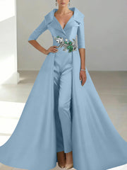 A-Line/Princess Shirt Collar Satin Mother of the Bride Jumpsuit Overskirt Floral Sequins Pocket Half Sleeves Floor-Length