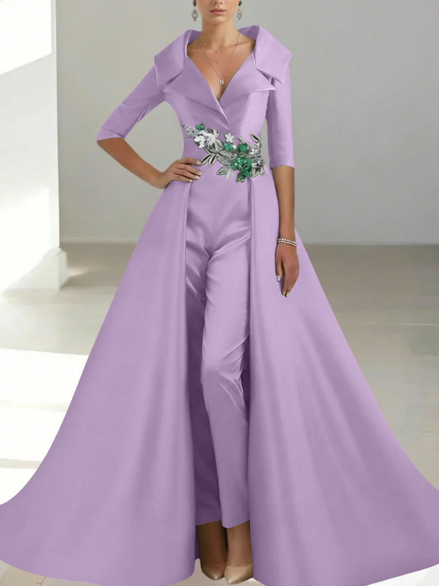 A Line Princess Shirt Collar Satin Mother Of The Bride Jumpsuit Overskirt Floral Sequins Pocket Half Sleeves Floor Length