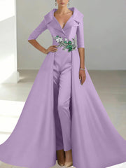 A-Line/Princess Shirt Collar Satin Mother of the Bride Jumpsuit Overskirt Floral Sequins Pocket Half Sleeves Floor-Length