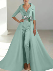 A-Line/Princess Shirt Collar Satin Mother of the Bride Jumpsuit Overskirt Floral Sequins Pocket Half Sleeves Floor-Length