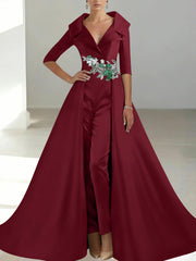 A-Line/Princess Shirt Collar Satin Mother of the Bride Jumpsuit Overskirt Floral Sequins Pocket Half Sleeves Floor-Length