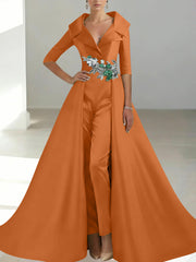 A Line Princess Shirt Collar Satin Mother Of The Bride Jumpsuit Overskirt Floral Sequins Pocket Half Sleeves Floor Length