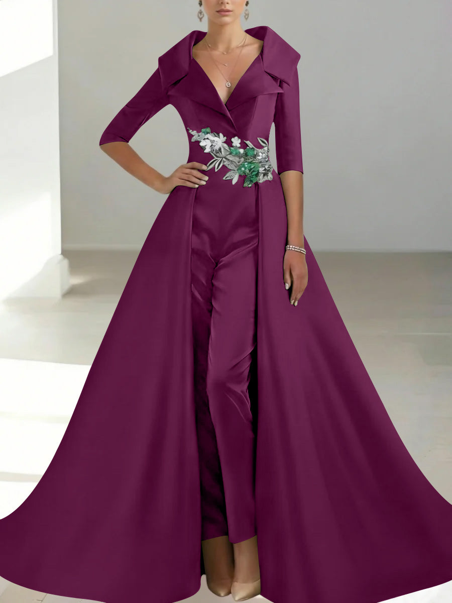 A Line Princess Shirt Collar Satin Mother Of The Bride Jumpsuit Overskirt Floral Sequins Pocket Half Sleeves Floor Length