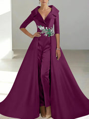 A-Line/Princess Shirt Collar Satin Mother of the Bride Jumpsuit Overskirt Floral Sequins Pocket Half Sleeves Floor-Length