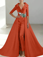 A-Line/Princess Shirt Collar Satin Mother of the Bride Jumpsuit Overskirt Floral Sequins Pocket Half Sleeves Floor-Length
