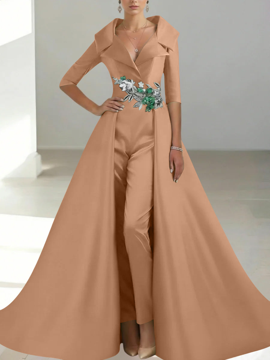 A Line Princess Shirt Collar Satin Mother Of The Bride Jumpsuit Overskirt Floral Sequins Pocket Half Sleeves Floor Length