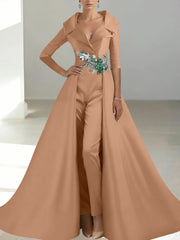 A Line Princess Shirt Collar Satin Mother Of The Bride Jumpsuit Overskirt Floral Sequins Pocket Half Sleeves Floor Length