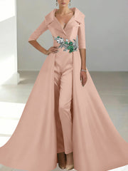 A-Line/Princess Shirt Collar Satin Mother of the Bride Jumpsuit Overskirt Floral Sequins Pocket Half Sleeves Floor-Length