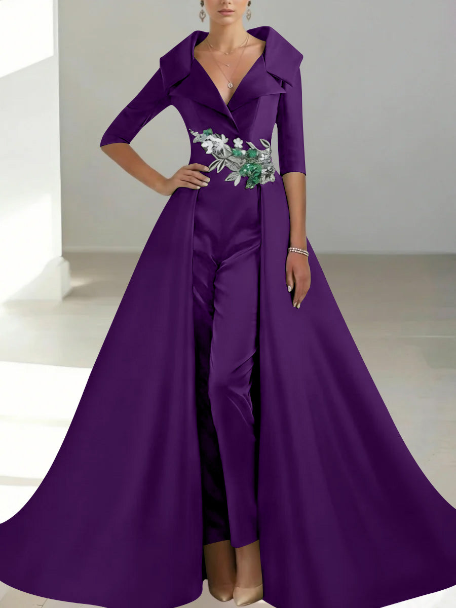 A Line Princess Shirt Collar Satin Mother Of The Bride Jumpsuit Overskirt Floral Sequins Pocket Half Sleeves Floor Length