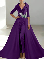 A-Line/Princess Shirt Collar Satin Mother of the Bride Jumpsuit Overskirt Floral Sequins Pocket Half Sleeves Floor-Length