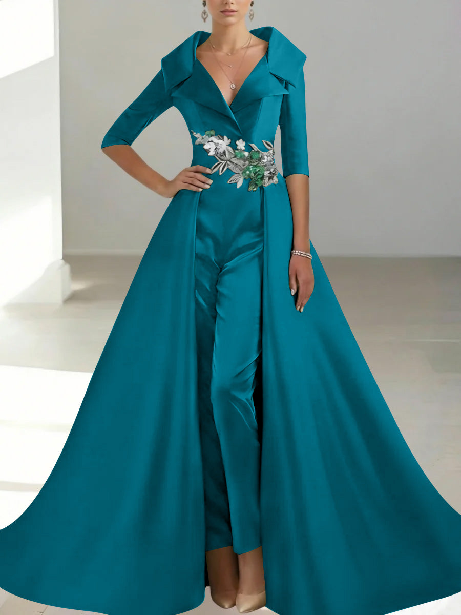 A Line Princess Shirt Collar Satin Mother Of The Bride Jumpsuit Overskirt Floral Sequins Pocket Half Sleeves Floor Length
