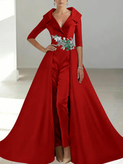 A-Line/Princess Shirt Collar Satin Mother of the Bride Jumpsuit Overskirt Floral Sequins Pocket Half Sleeves Floor-Length