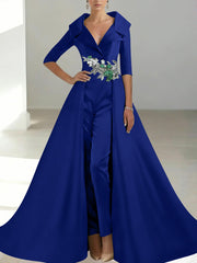 A Line Princess Shirt Collar Satin Mother Of The Bride Jumpsuit Overskirt Floral Sequins Pocket Half Sleeves Floor Length