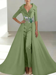 A Line Princess Shirt Collar Satin Mother Of The Bride Jumpsuit Overskirt Floral Sequins Pocket Half Sleeves Floor Length