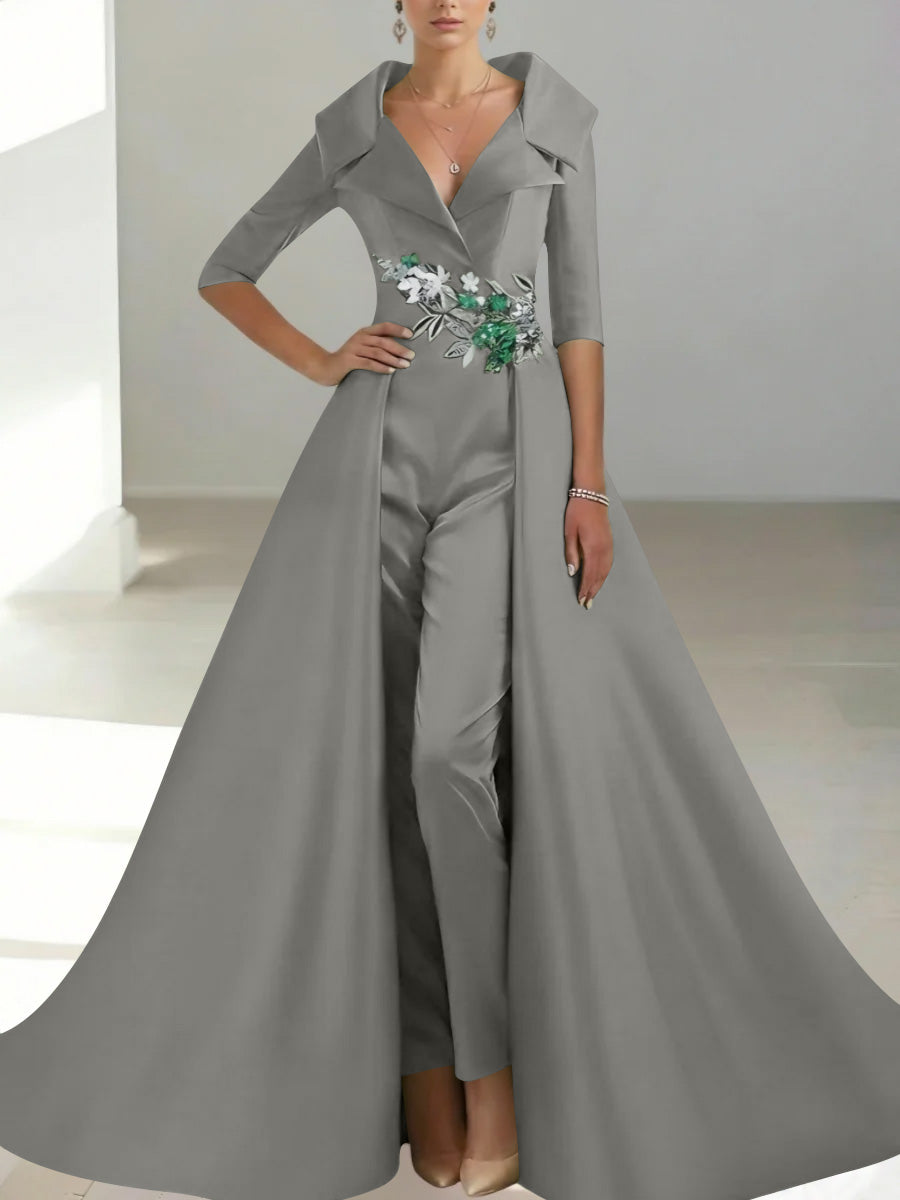 A Line Princess Shirt Collar Satin Mother Of The Bride Jumpsuit Overskirt Floral Sequins Pocket Half Sleeves Floor Length