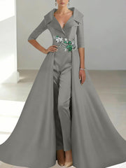 A Line Princess Shirt Collar Satin Mother Of The Bride Jumpsuit Overskirt Floral Sequins Pocket Half Sleeves Floor Length