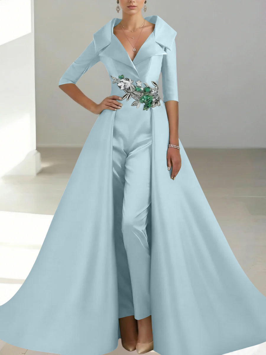 A Line Princess Shirt Collar Satin Mother Of The Bride Jumpsuit Overskirt Floral Sequins Pocket Half Sleeves Floor Length