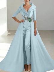 A Line Princess Shirt Collar Satin Mother Of The Bride Jumpsuit Overskirt Floral Sequins Pocket Half Sleeves Floor Length