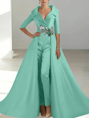A Line Princess Shirt Collar Satin Mother Of The Bride Jumpsuit Overskirt Floral Sequins Pocket Half Sleeves Floor Length