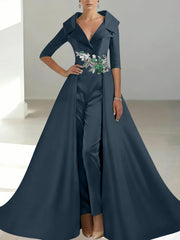 A Line Princess Shirt Collar Satin Mother Of The Bride Jumpsuit Overskirt Floral Sequins Pocket Half Sleeves Floor Length