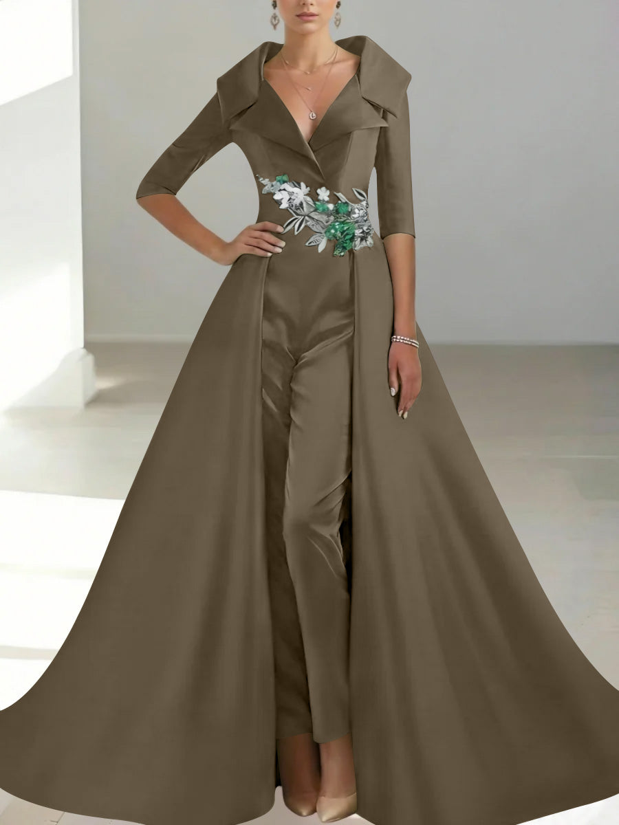 A Line Princess Shirt Collar Satin Mother Of The Bride Jumpsuit Overskirt Floral Sequins Pocket Half Sleeves Floor Length