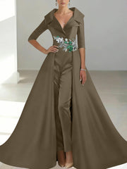 A Line Princess Shirt Collar Satin Mother Of The Bride Jumpsuit Overskirt Floral Sequins Pocket Half Sleeves Floor Length