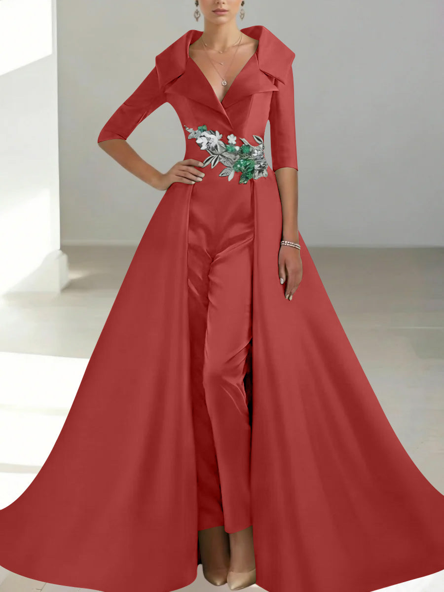 A Line Princess Shirt Collar Satin Mother Of The Bride Jumpsuit Overskirt Floral Sequins Pocket Half Sleeves Floor Length
