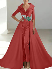 A Line Princess Shirt Collar Satin Mother Of The Bride Jumpsuit Overskirt Floral Sequins Pocket Half Sleeves Floor Length