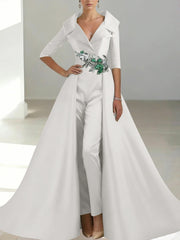 A Line Princess Shirt Collar Satin Mother Of The Bride Jumpsuit Overskirt Floral Sequins Pocket Half Sleeves Floor Length