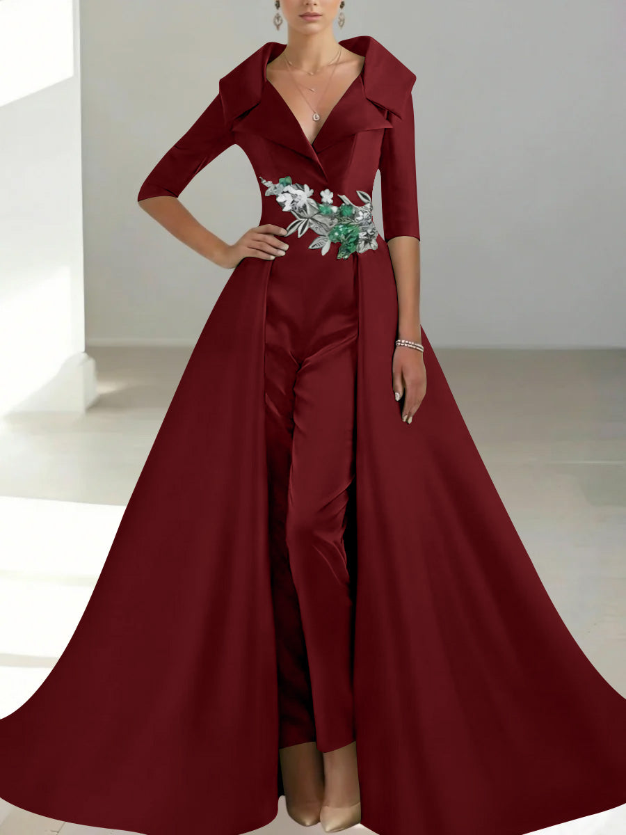 A Line Princess Shirt Collar Satin Mother Of The Bride Jumpsuit Overskirt Floral Sequins Pocket Half Sleeves Floor Length