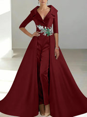 A Line Princess Shirt Collar Satin Mother Of The Bride Jumpsuit Overskirt Floral Sequins Pocket Half Sleeves Floor Length