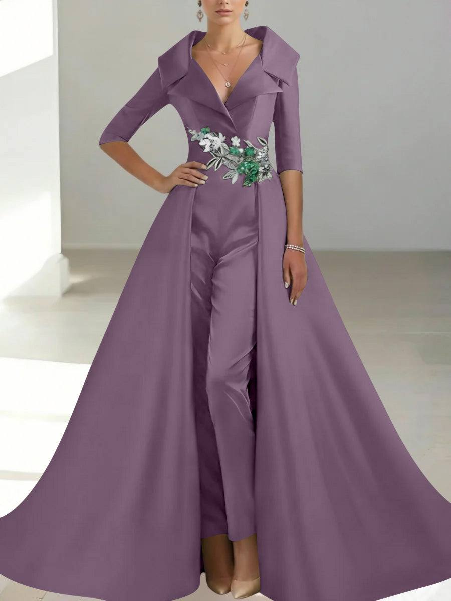 A Line Princess Shirt Collar Satin Mother Of The Bride Jumpsuit Overskirt Floral Sequins Pocket Half Sleeves Floor Length